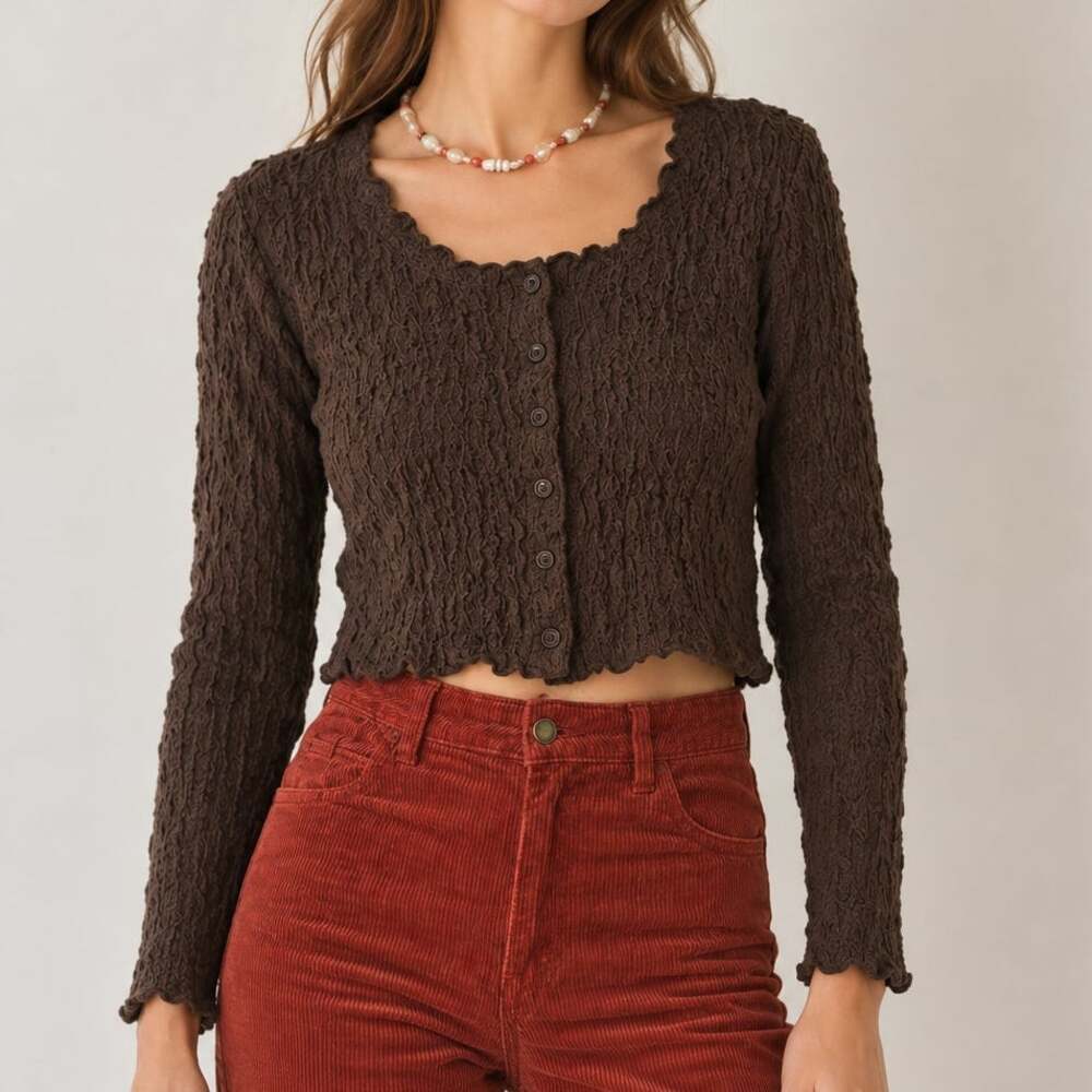 All Row Chocolate Brown Cardigan Cropped Minimalist Autumn Top Fall Size Large